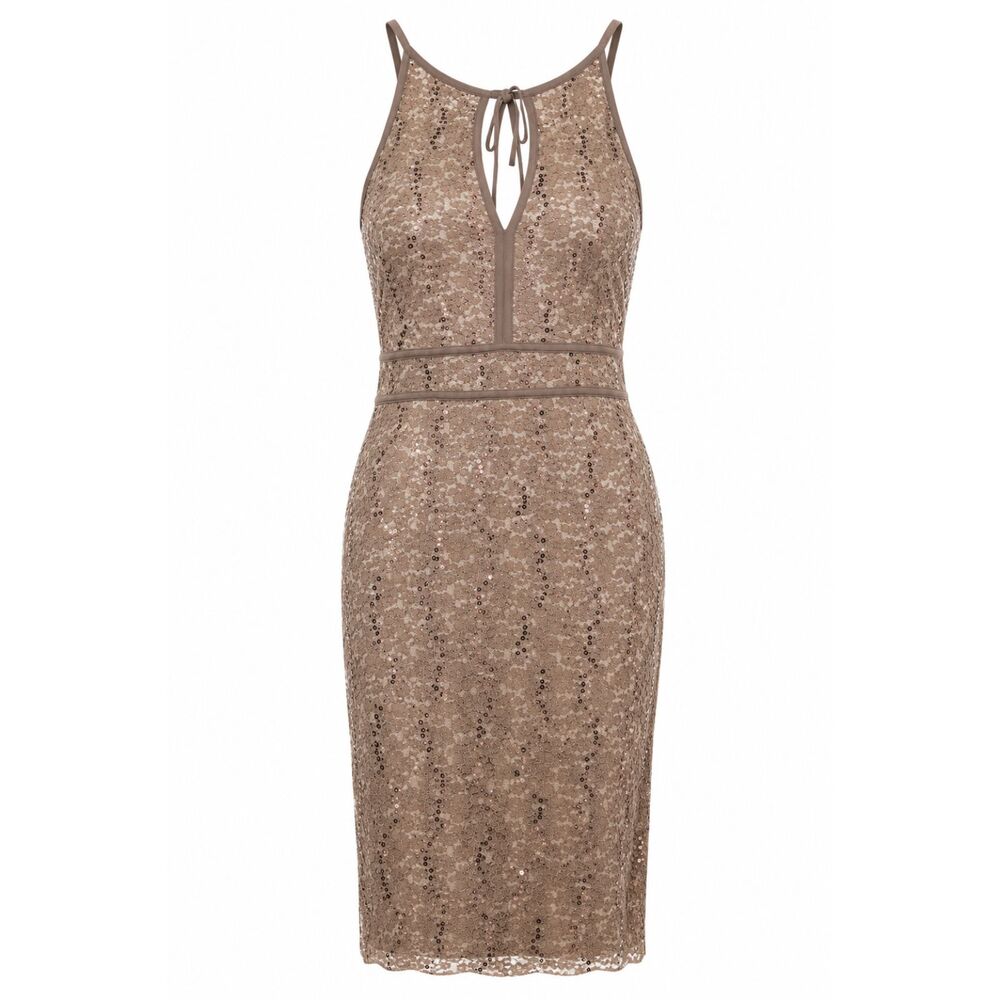 NW Nightway Taupe Sequin Lace Cocktail Dress Size 8 Sleeveless Midi